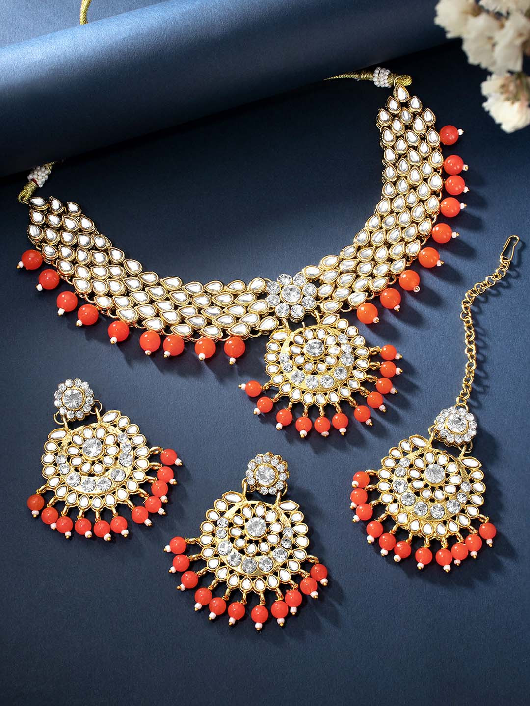 Peora Orange Gold Plated Kundan Beaded Jewellery Set