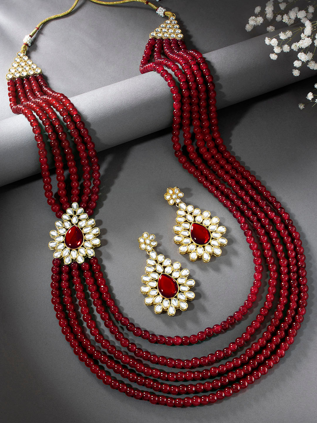 Peora Indian Gold-Plated Kundan Pearl Multi Layered Long Necklace Jewellery Set