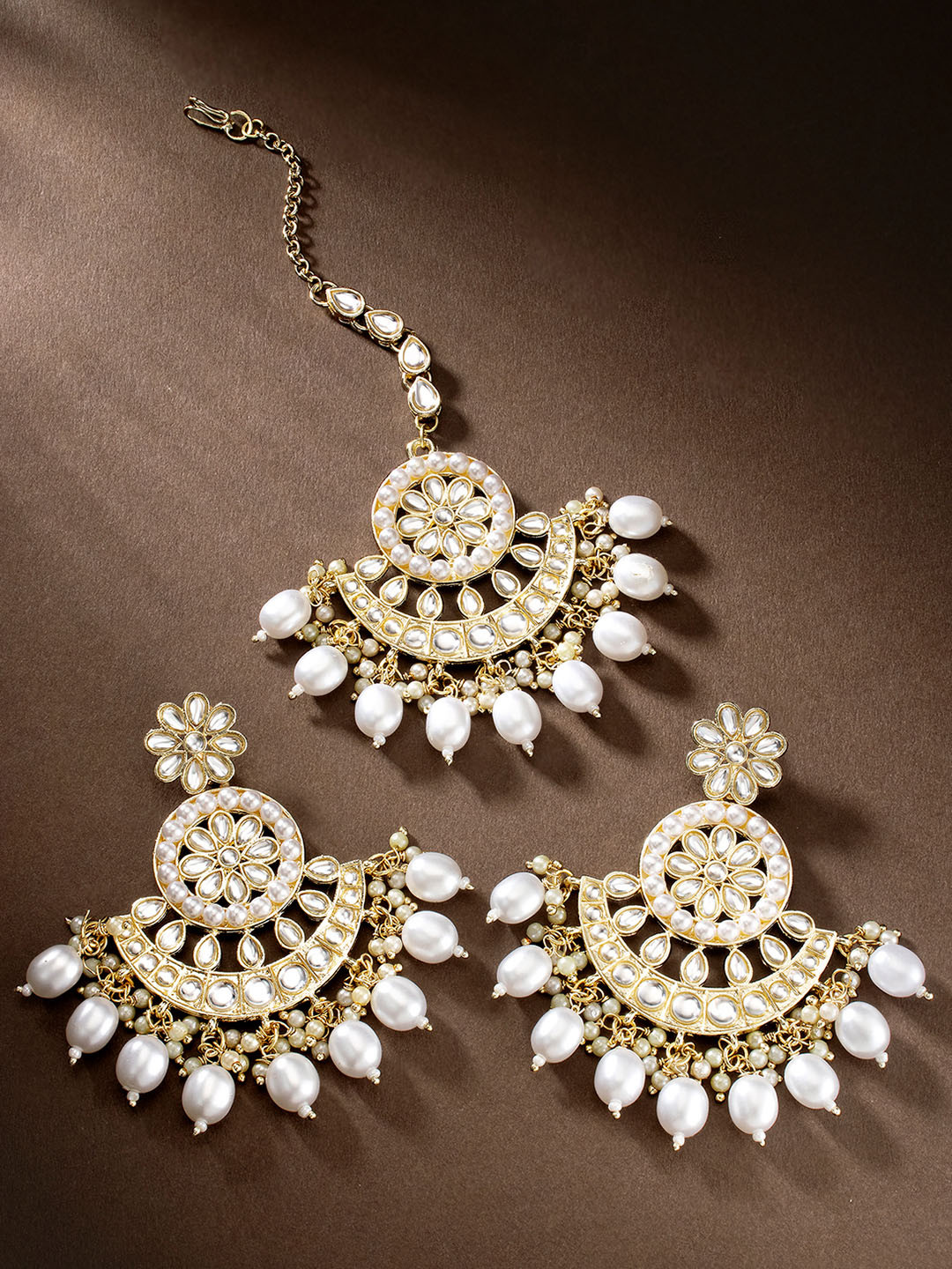 Peora Gold Plated White Kundan & Pearl Studded Dangle Earrings & Maang Tikka