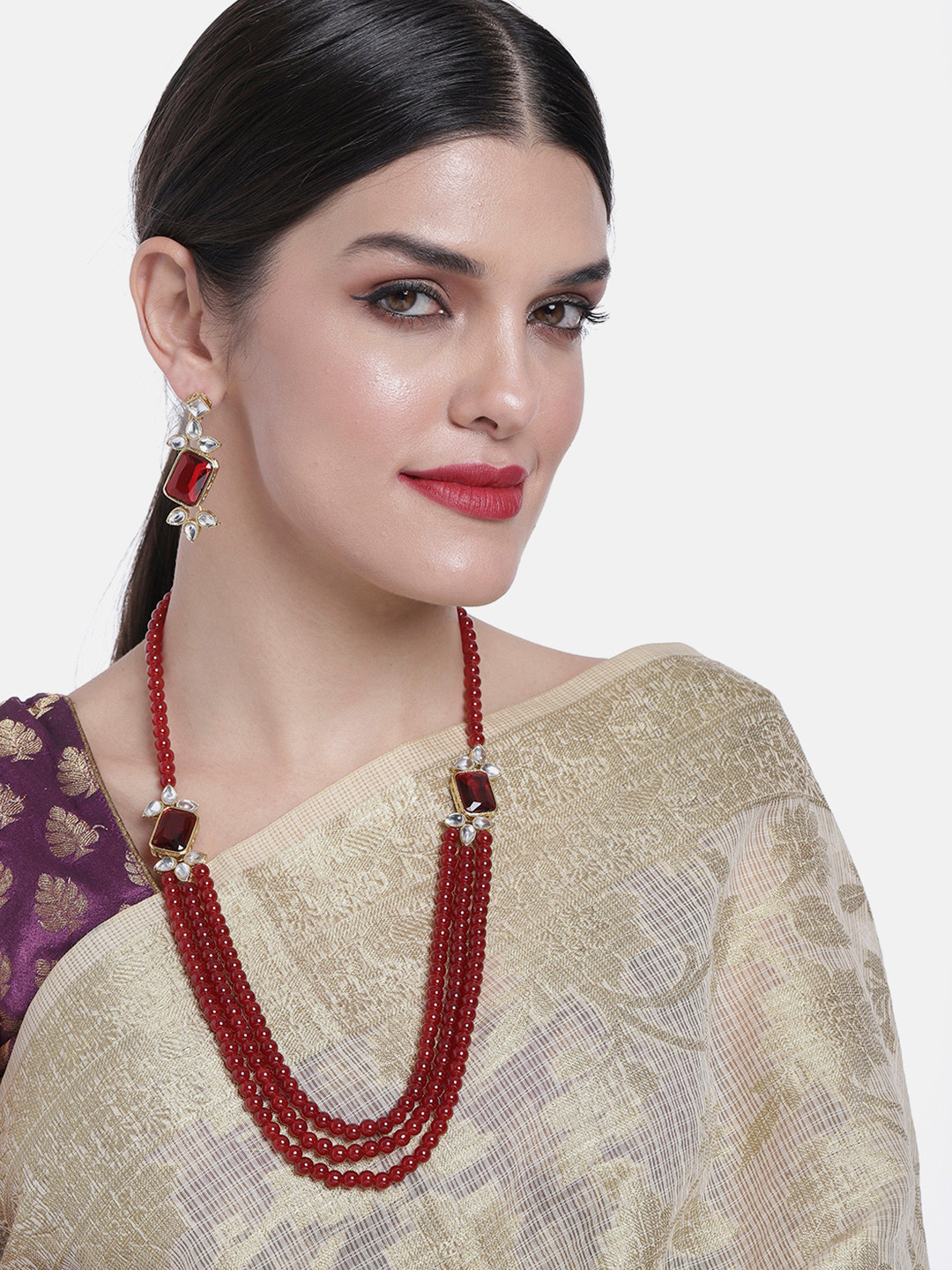 Peora Traditional Gold-Plated Kundan Pearl Multi Layer Necklace & Earrings Jewellery Set