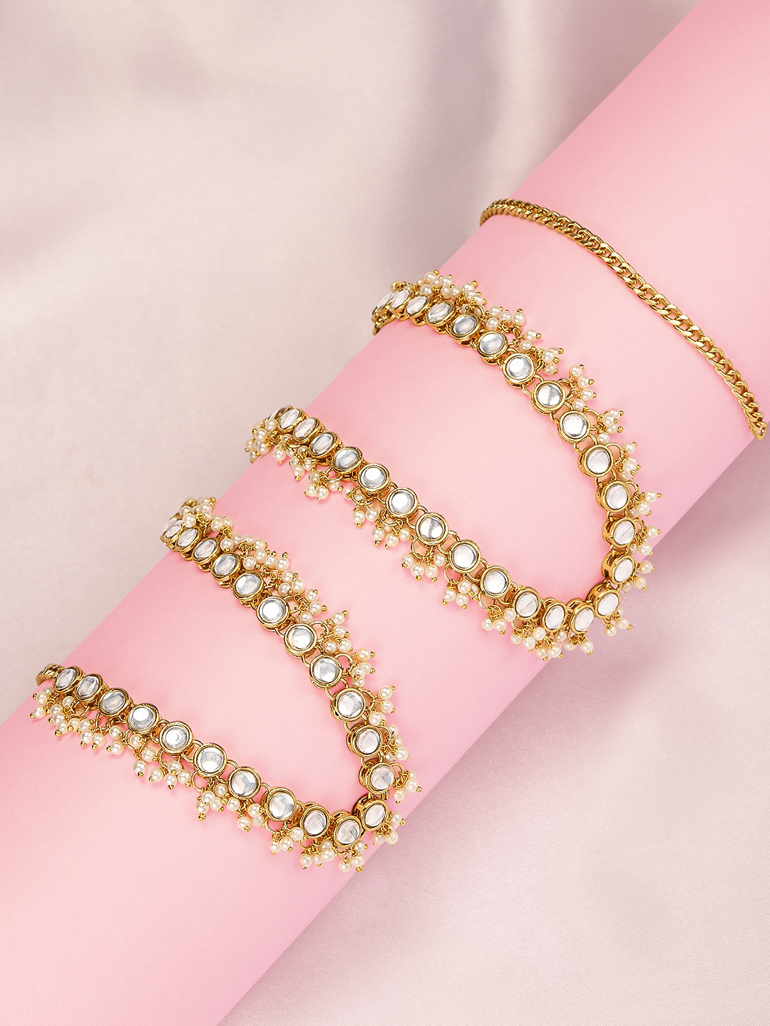 Peora Gold Plated White Kundan & Baby Pearl Studded Kamarband Belly Chain