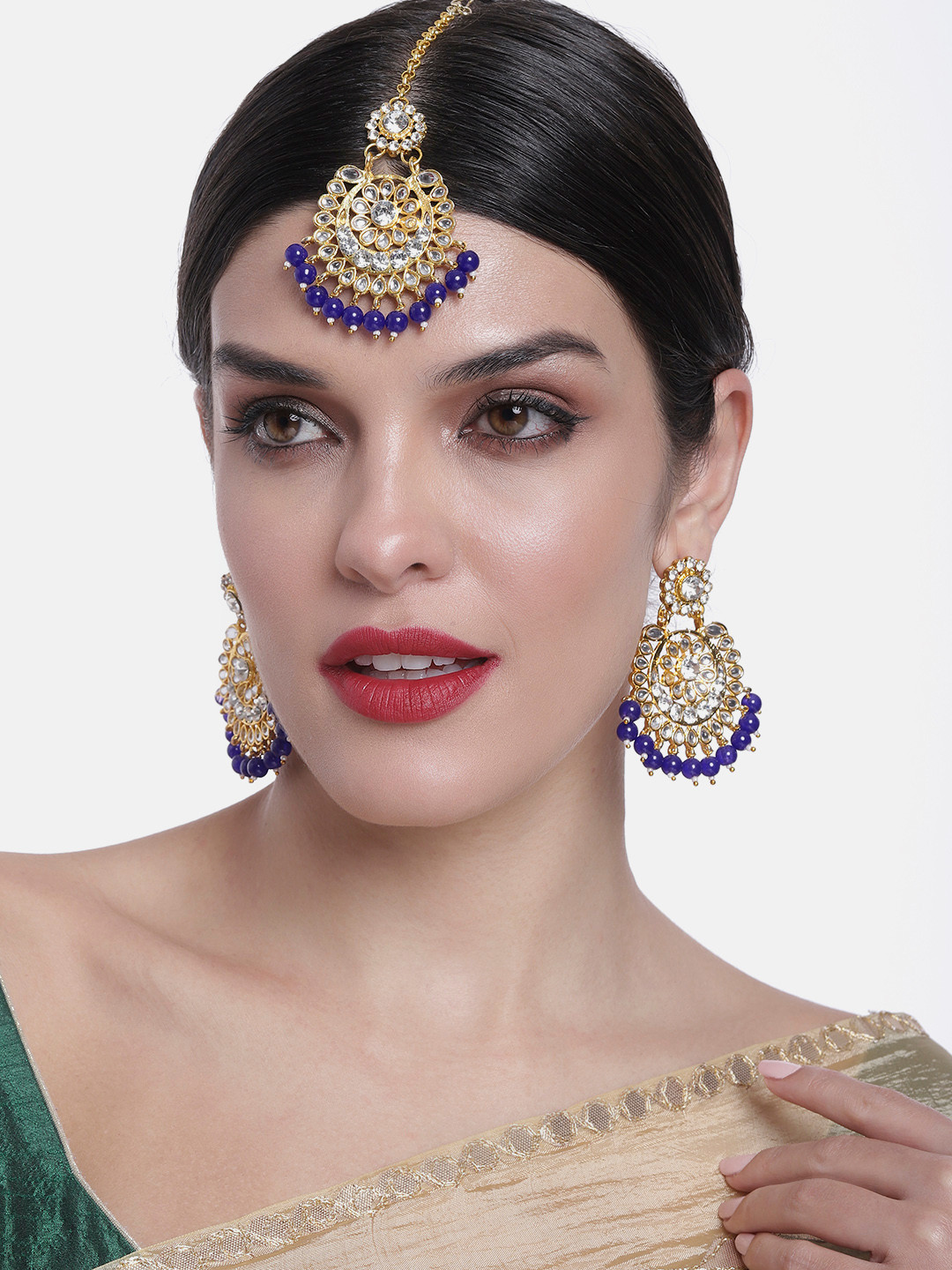 Peora Blue Gold Plated Kundan Studded Earring & Maang Tikka Set