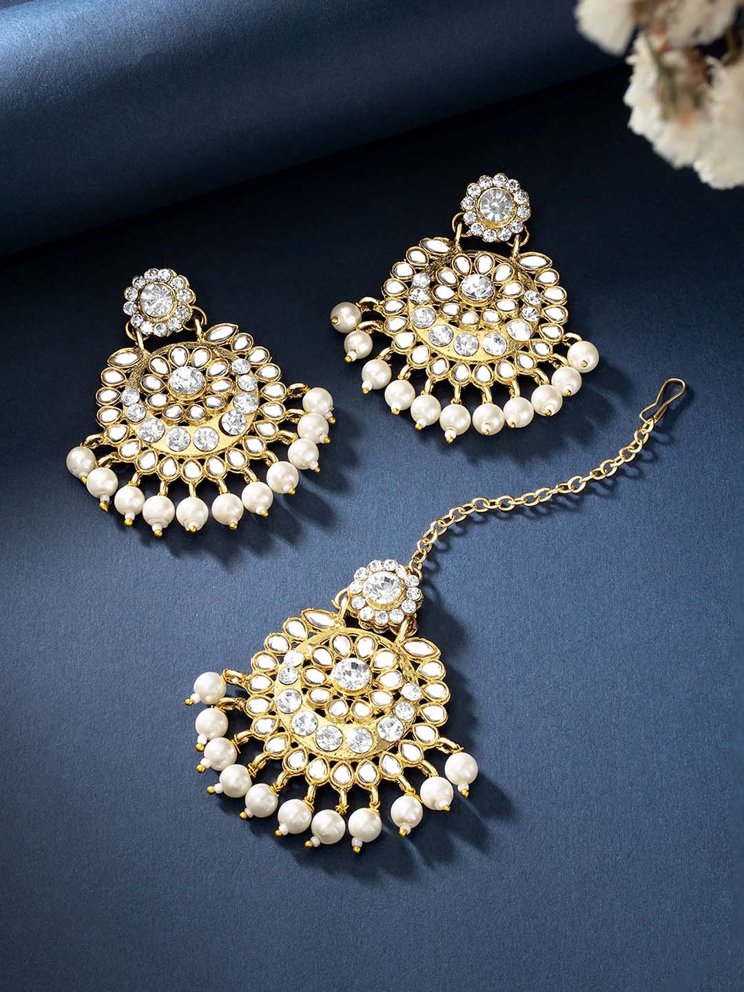 Buy Peora Traditional White Gold Plated Kundan Studded Earring Maang Tikka Jewellery Set Jewellery Set for Women 21309398 Myntra