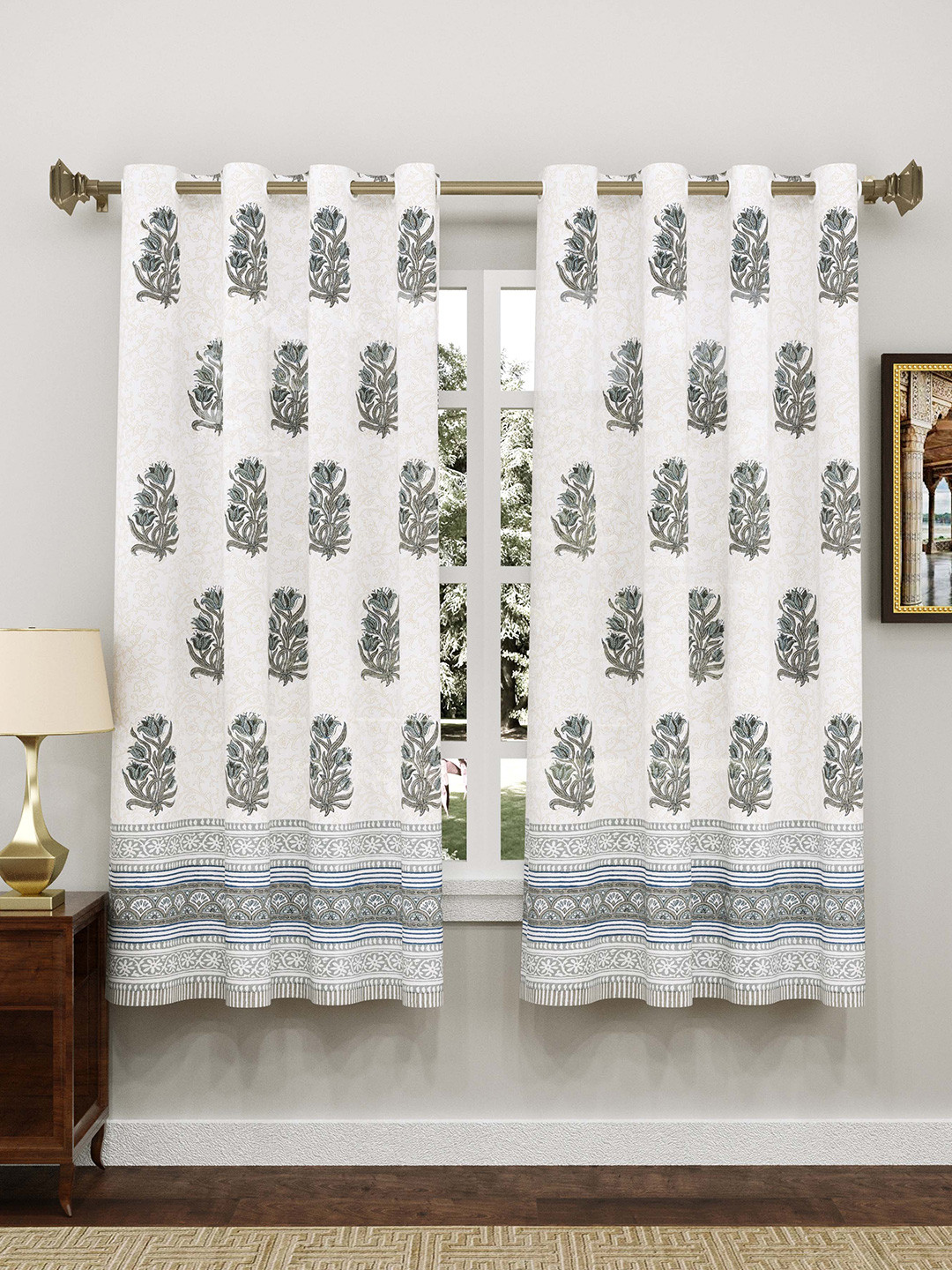 BLOCKS OF INDIA White & Grey Set of 2 Floral Print Pure Cotton Window Curtains