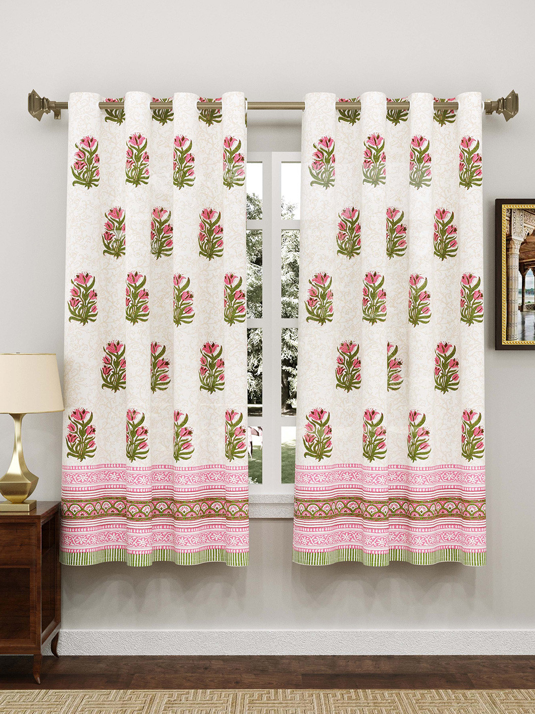 BLOCKS OF INDIA White & Pink Set of 2 Floral Print Pure Cotton Window Curtains