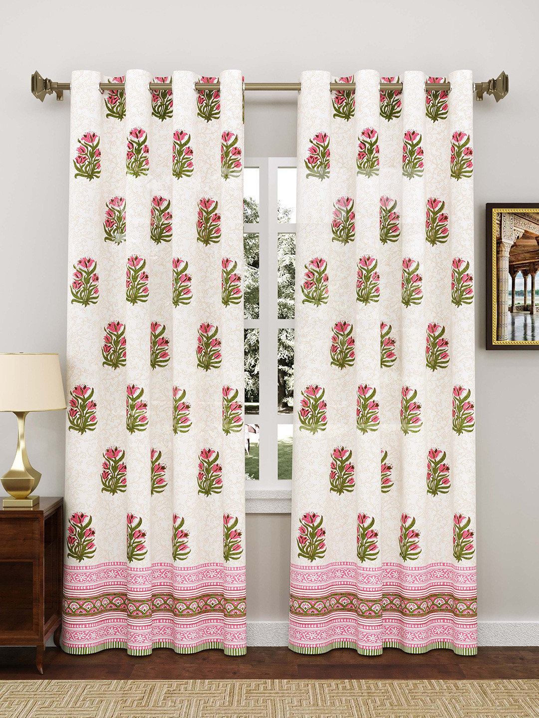 BLOCKS OF INDIA White & Pink Set of 2 Floral Print Pure Cotton Door Curtains