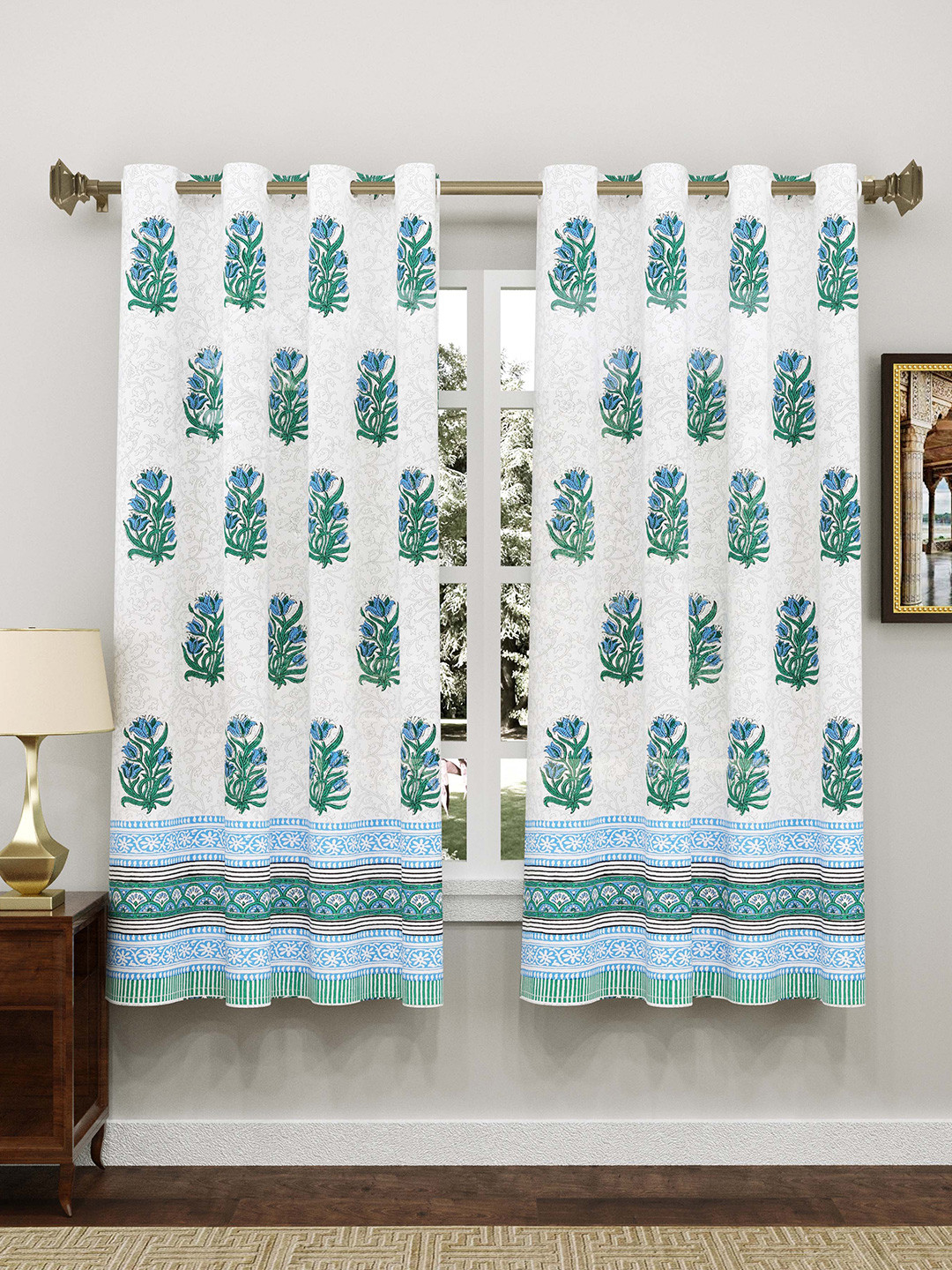 BLOCKS OF INDIA White & Blue Set of 2 Floral Print Pure Cotton Window Curtains