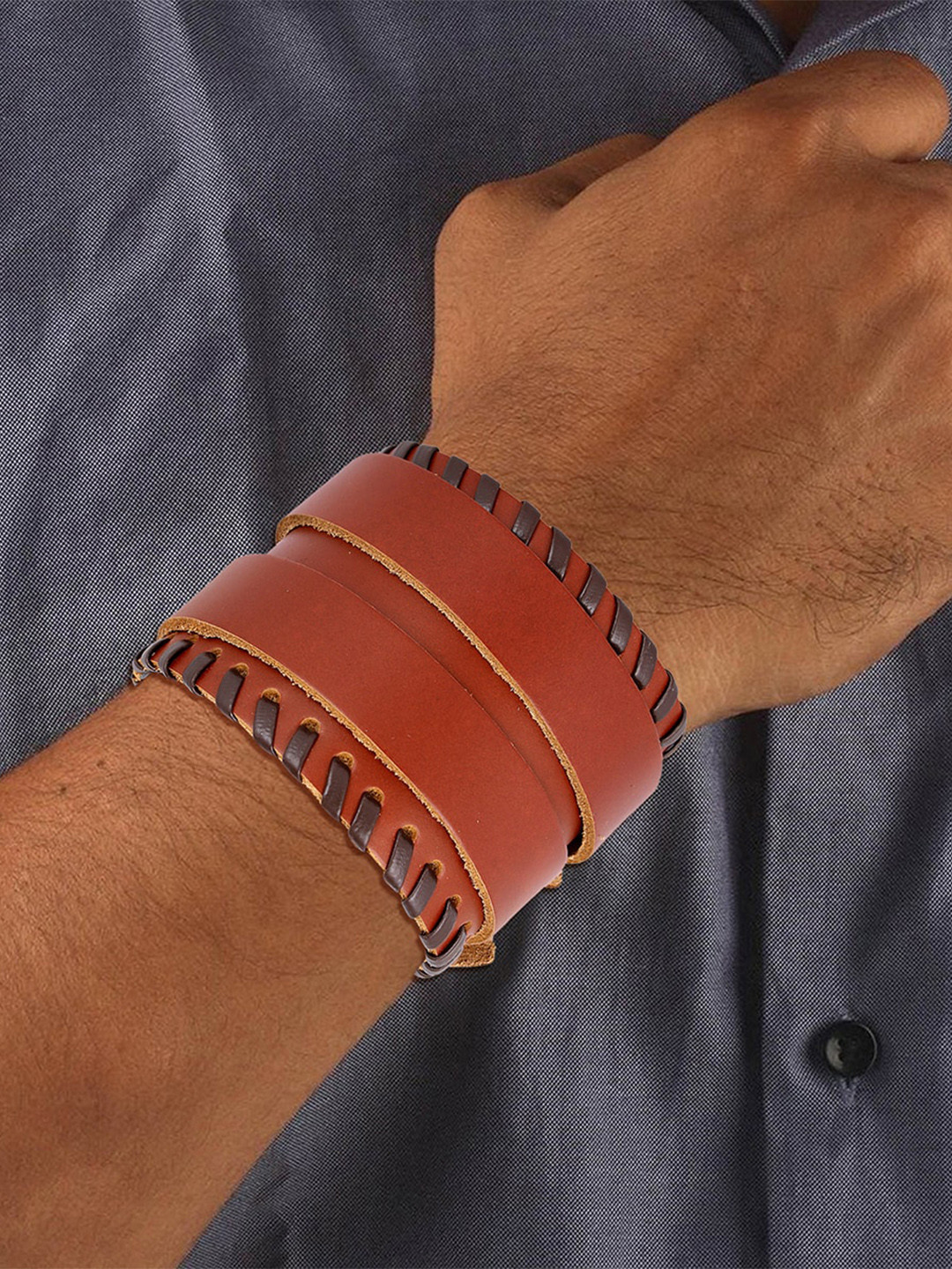 ZIVOM Men Brown & Silver-Toned Leather Antique Multistrand Bracelet