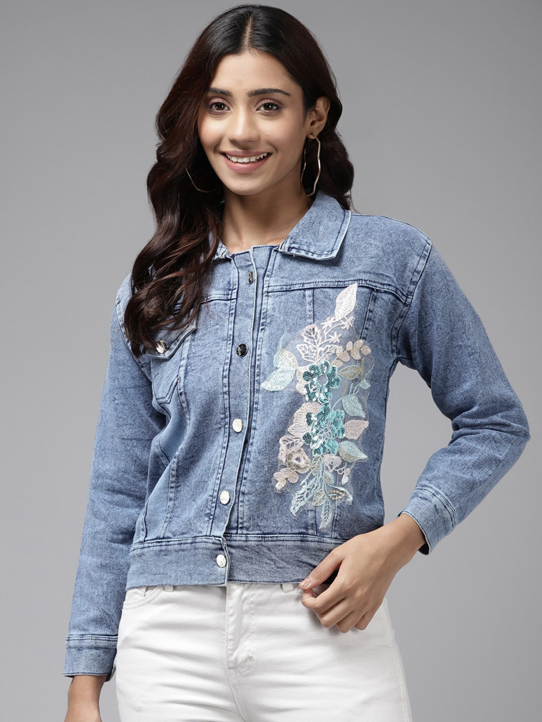 Aarika Women Floral Patchwork Crop Denim Jacket