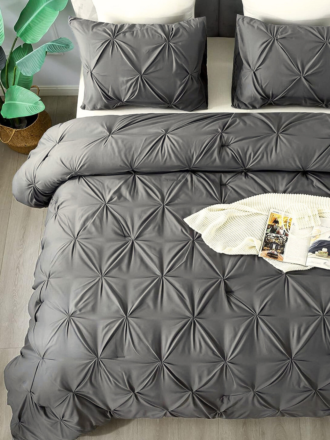 THE WHITE MOSS Marquis Pinch Pleated Charcol Grey Single Winter Comforter & Pillow Cover