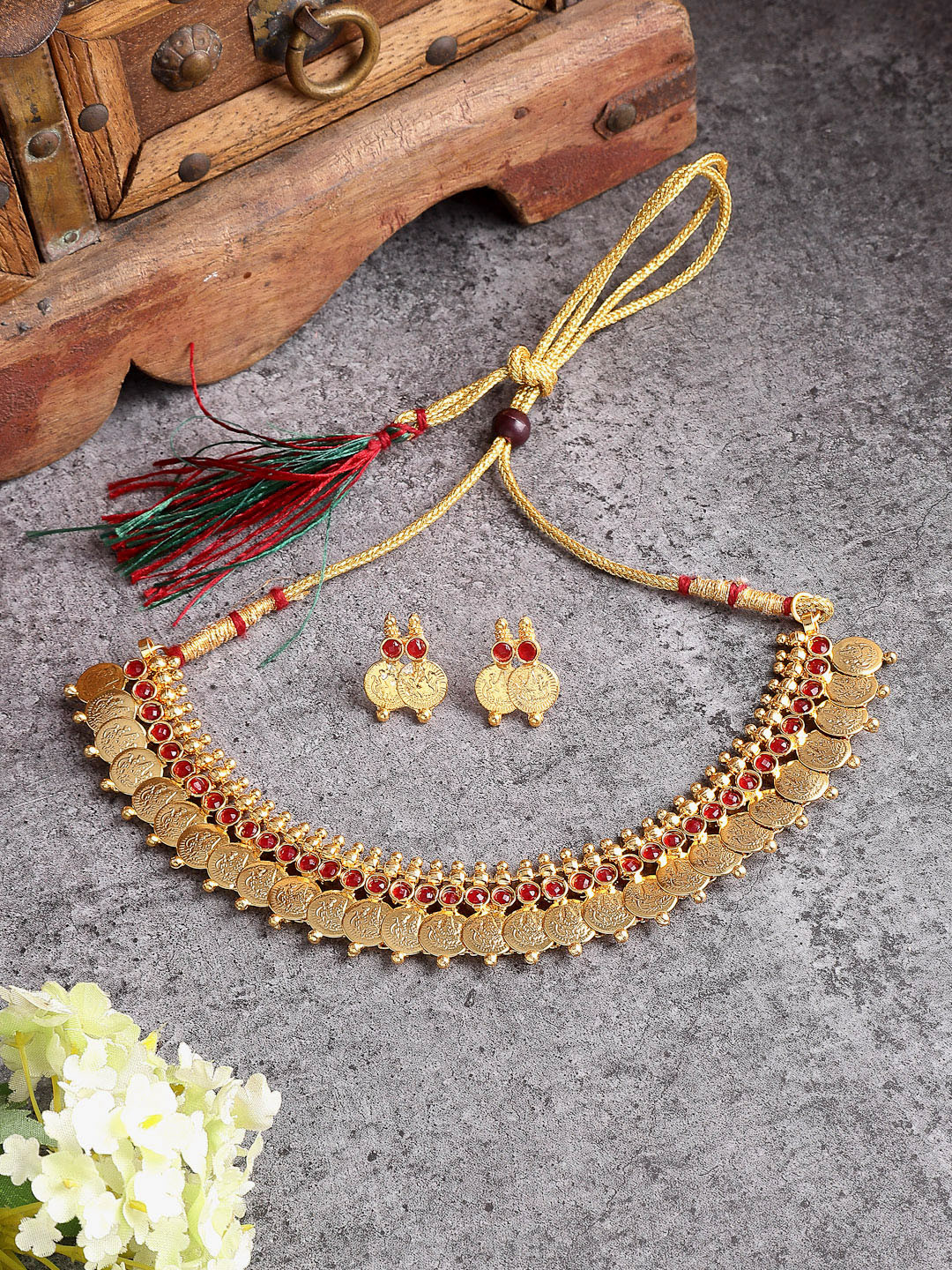 ZENEME Gold-Plated Red Stone-Studded Kasula Temple Choker Necklace Set