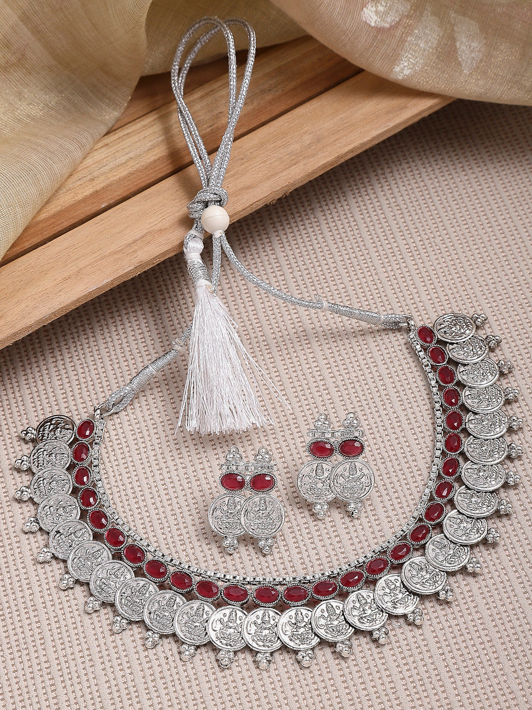 ZENEME Red Stone-Studded Oxidised Temple Coin Jewellery Set