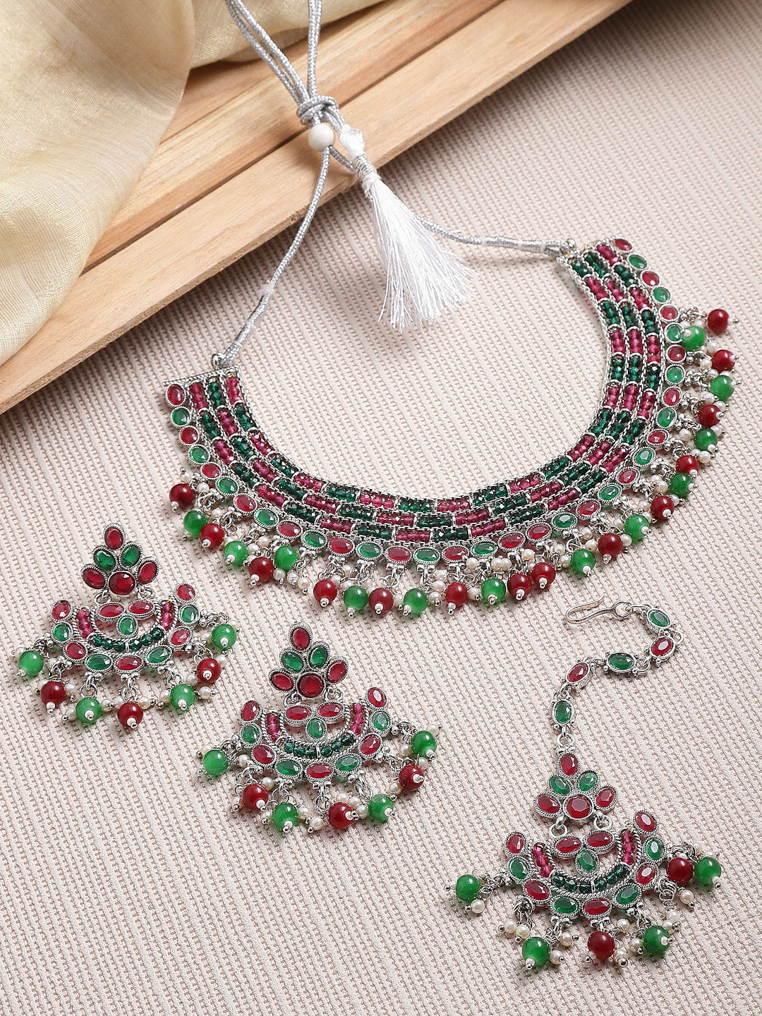 ZENEME Oxidised Red & Green Stone Studded & Beaded Jewellery Set