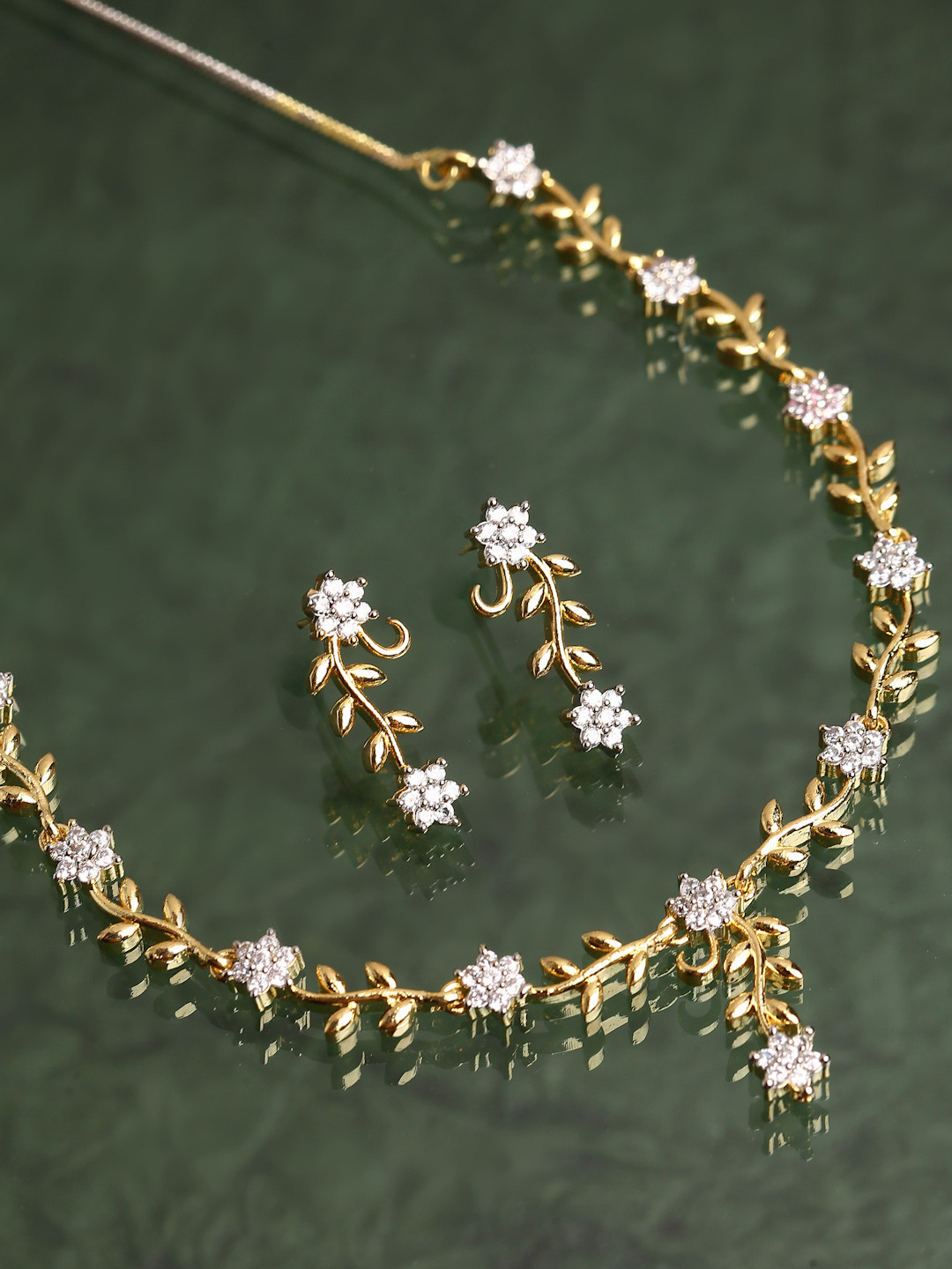 ZENEME Floral Gold-Plated American Diamond Studded Jewellery Set