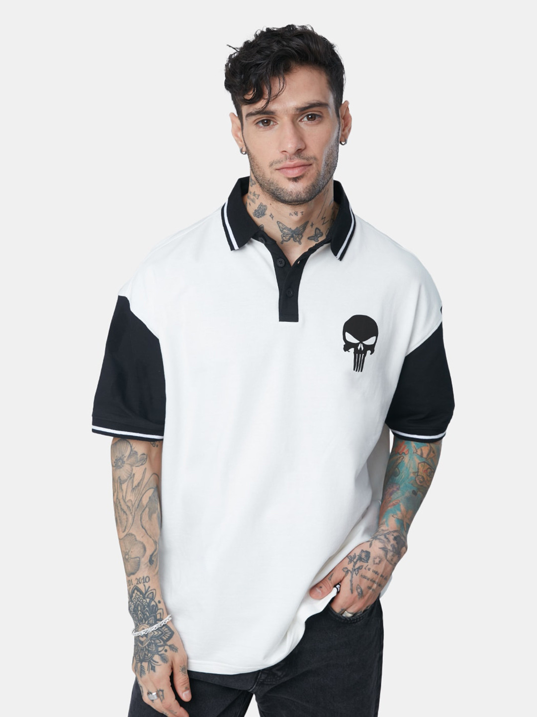 The Souled Store Men White & Black Colourblocked Polo Collar Oversize Oversized T-Shirt