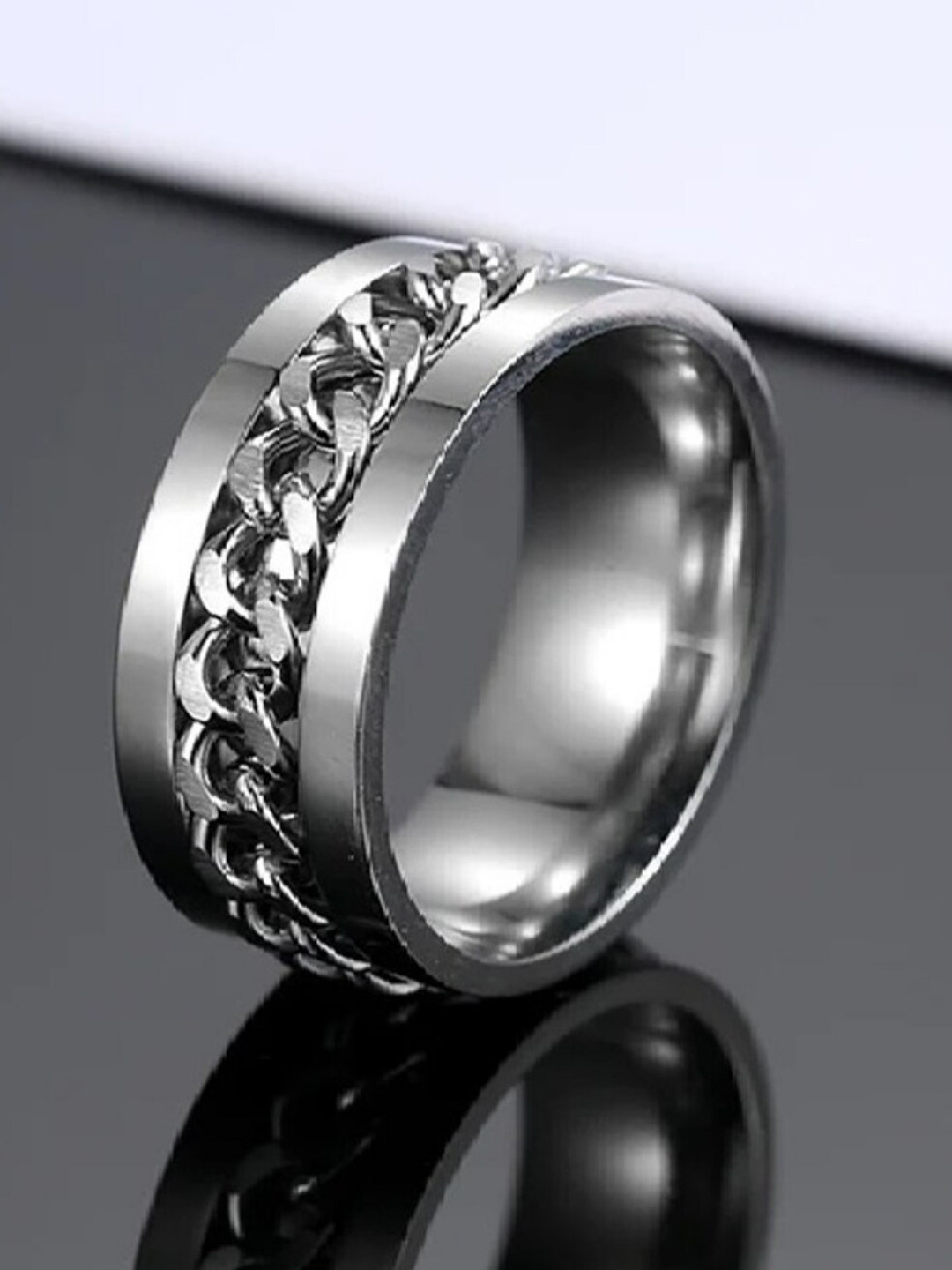 UNIVERSITY TRENDZ Men Silver-Plated Lucky Chain Embedded Anxiety relief Fidget Spinner Finger Ring