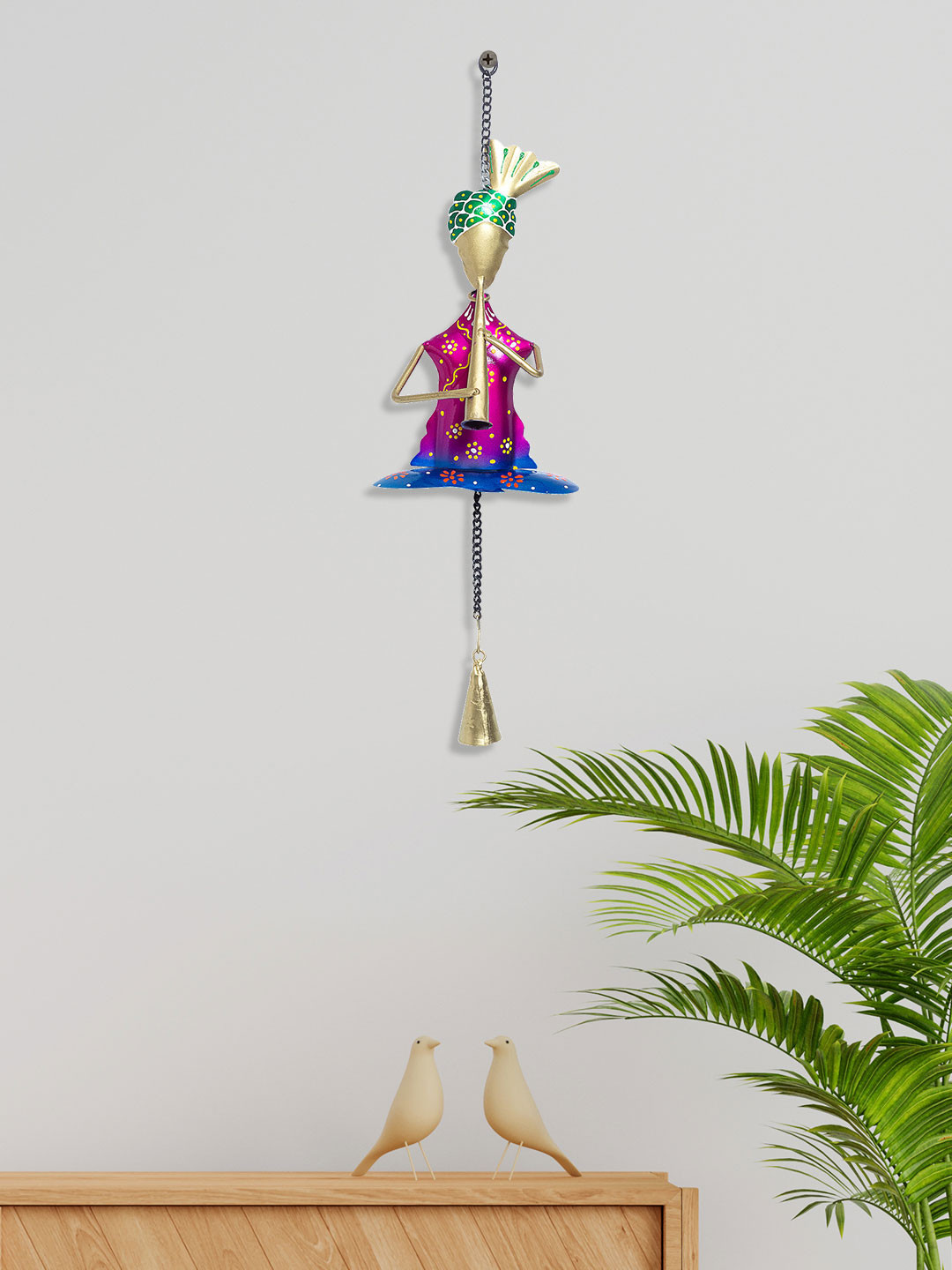 Golden Peacock Rajasthani Turban Musician Metal Ethnic Motifs Glossy Wall Hangings-17.5In