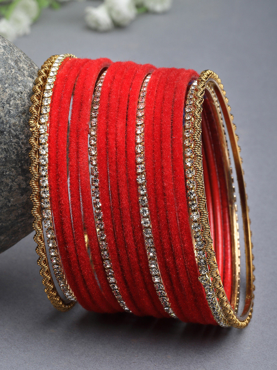 ZENEME Set Of 18Gold Plated CZ Studded Red Bangle