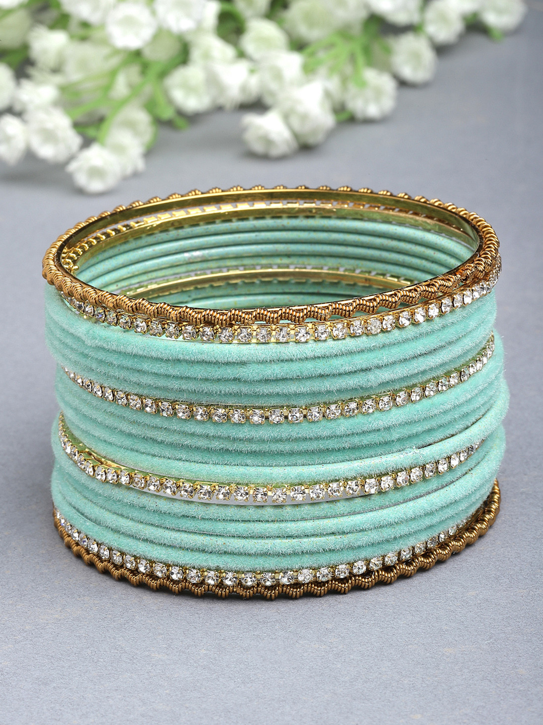 ZENEME Set Of 18Gold Plated CZ Studded Sky Blue Bangle