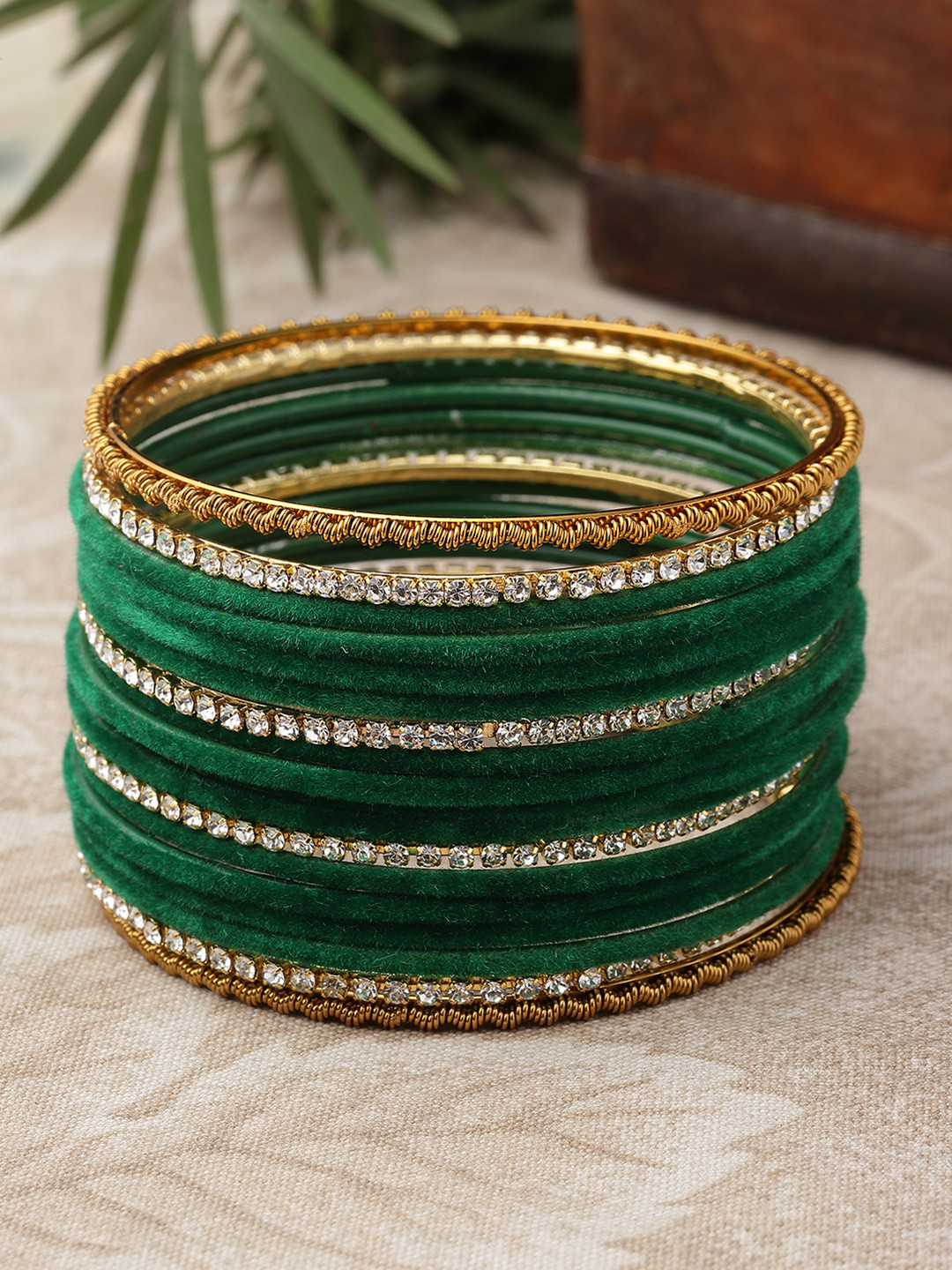 ZENEME Set Of 18Gold Plated CZ Studded Green Bangle
