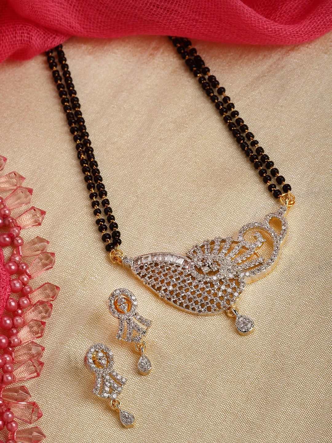 ZENEME Gold-Plated AD-Studded & Beaded Mangalsutra With Earrings Set