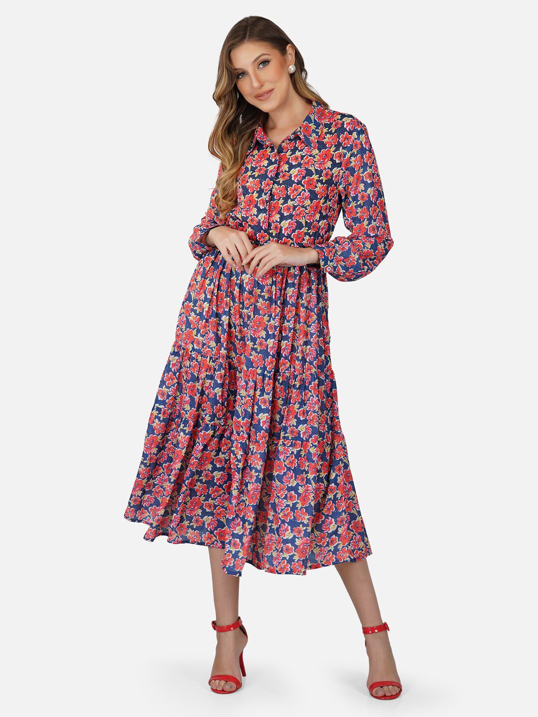 Tinted Floral Crepe Shirt Midi Dress
