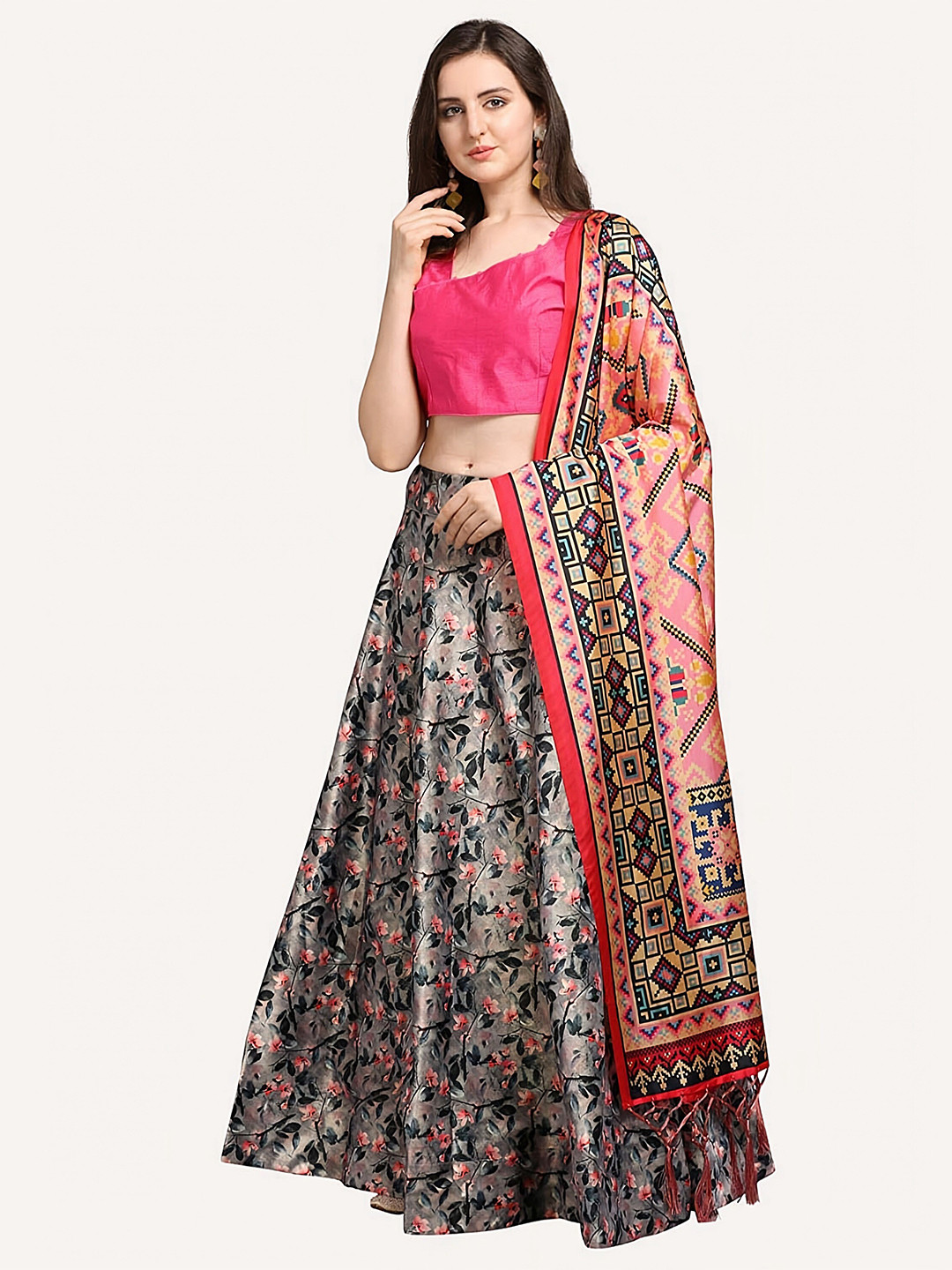Kaizen TEXO FAB Grey & Pink Printed Semi-Stitched Lehenga & Unstitched Blouse With Dupatta