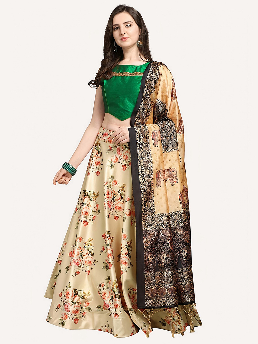 Kaizen TEXO FAB Cream-Coloured & Green Printed Semi-Stitched Lehenga & Unstitched Blouse With Dupatta