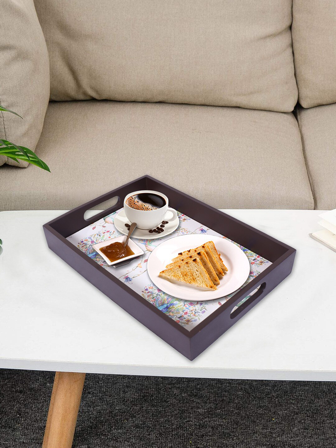 Kuber Industries Brown Set Of 3 Peacock Print Wooden Serving Trays