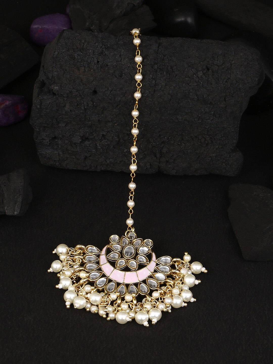 Adwitiya Collection Stone Studded & Beaded Gold Plated Moon Shaped Maang Tikka