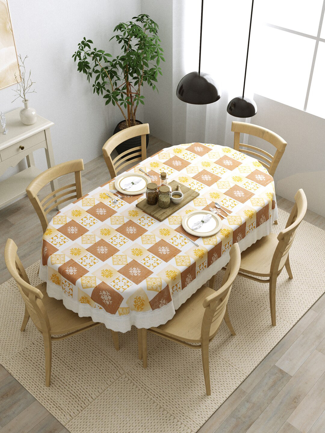 Clasiko Brown & Yellow Checks Printed 6 Seater Oval Dining Table Cover