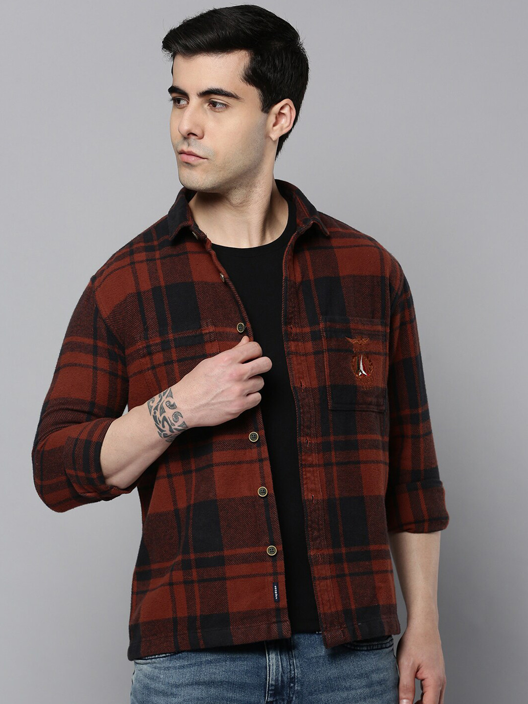 SHOWOFFFF Men Brown Checked Crop Bomber with Patchwork Jacket