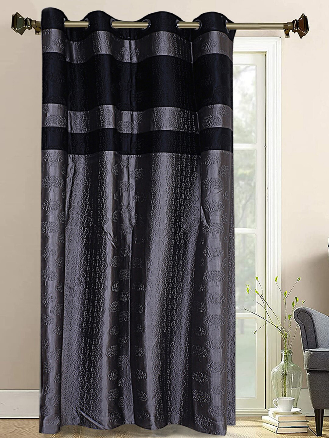 Kuber Industries Grey & Black Self Design Door Curtain With 8 Eyelet 7 Feet