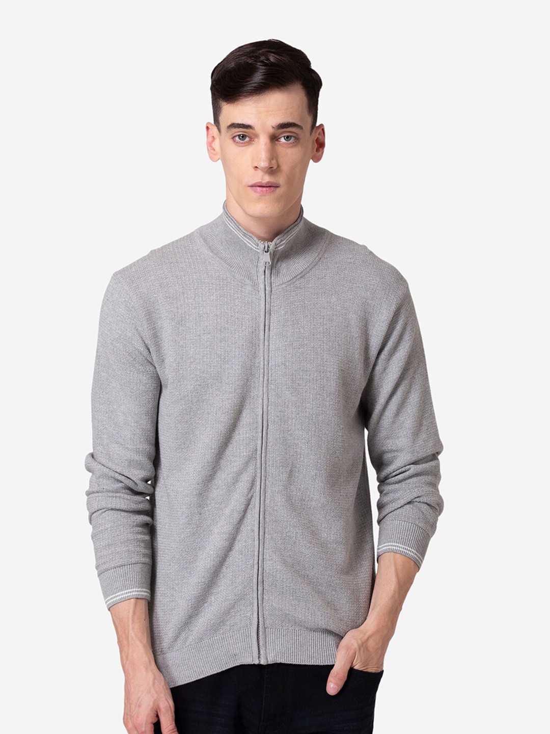 Allen Cooper Men Mock Collar Cotton Cardigan Sweaters