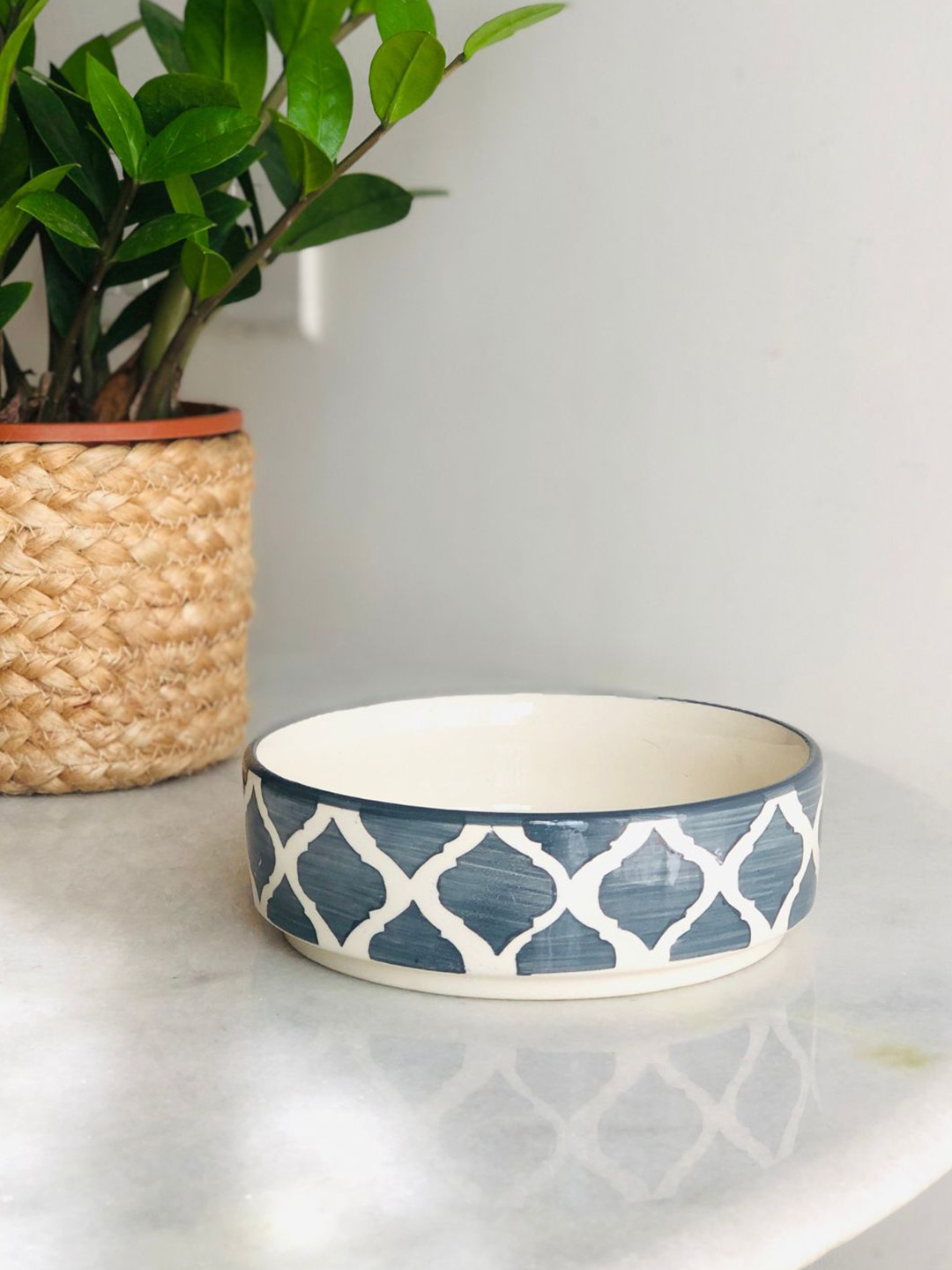 JASMEY HOMES Ikat Grey & Off White Geometric Printed Microwave Safe Ceramic Glossy Plate