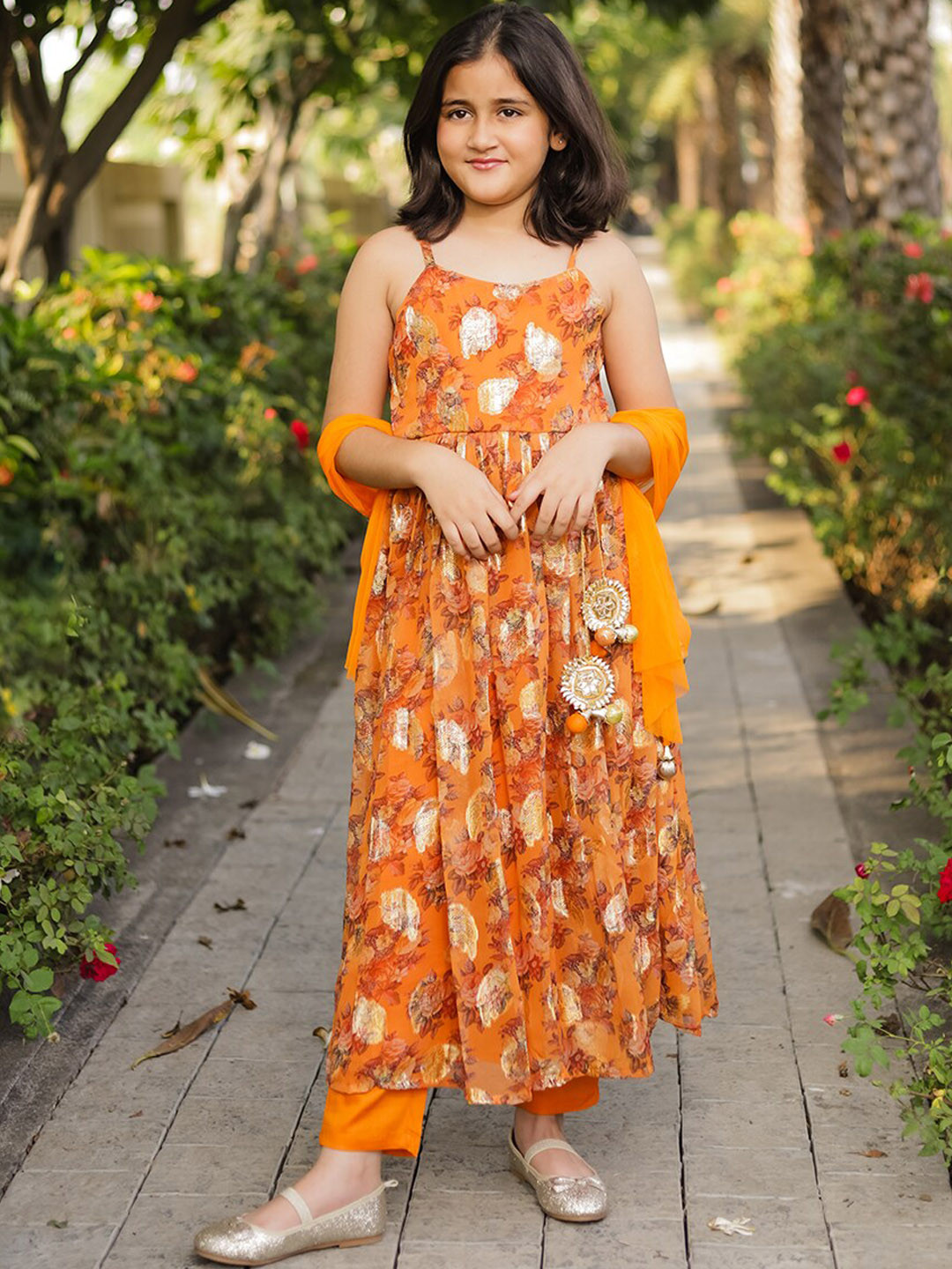 PICCOLO Girls Orange Floral Printed Empire Silk Chiffon Kurta with Trousers & With Dupatta