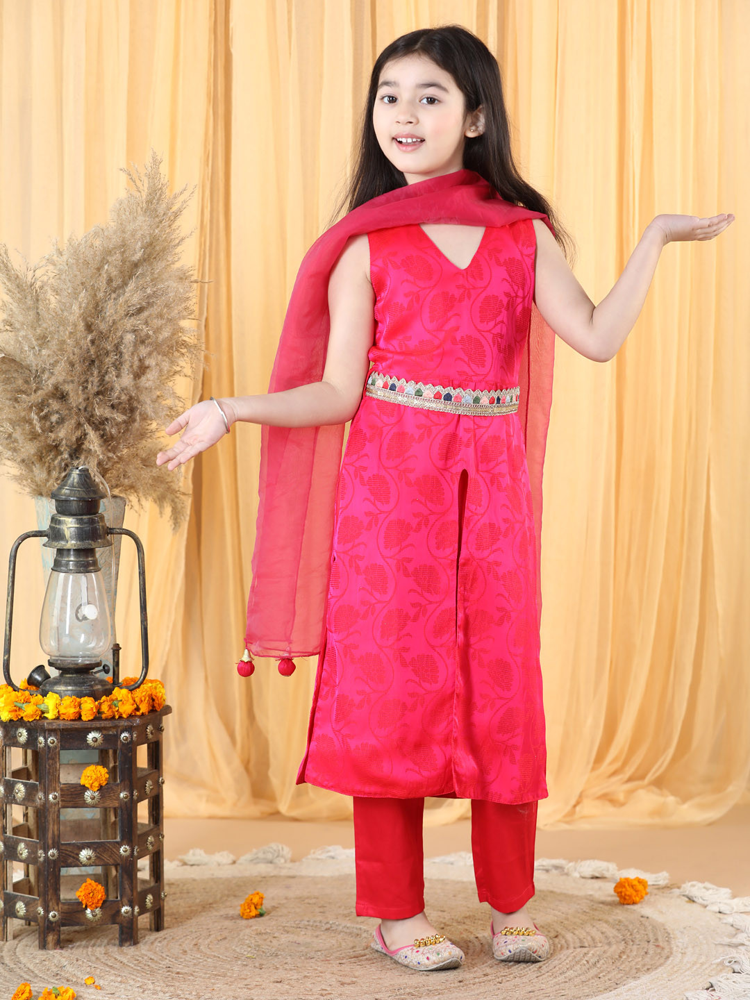 PICCOLO Girls Pink Empire Silk Crepe Kurta with Trousers & With Dupatta
