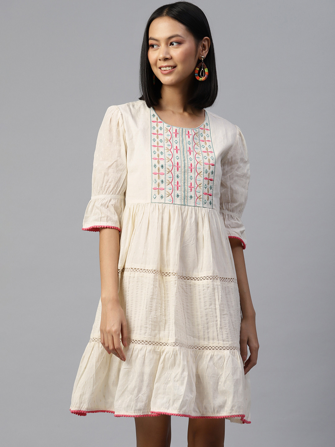 SERONA FABRICS Off White Floral Embroidered Cotton Ethnic A-Line Ethnic Dress