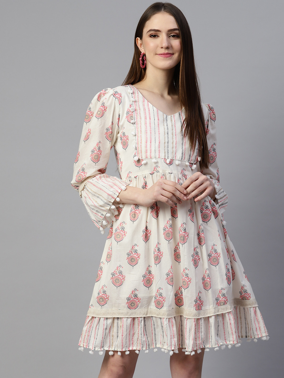 SERONA FABRICS Off White & Pink Ethnic Motifs Ethnic Cotton A-Line Ethnic Dress