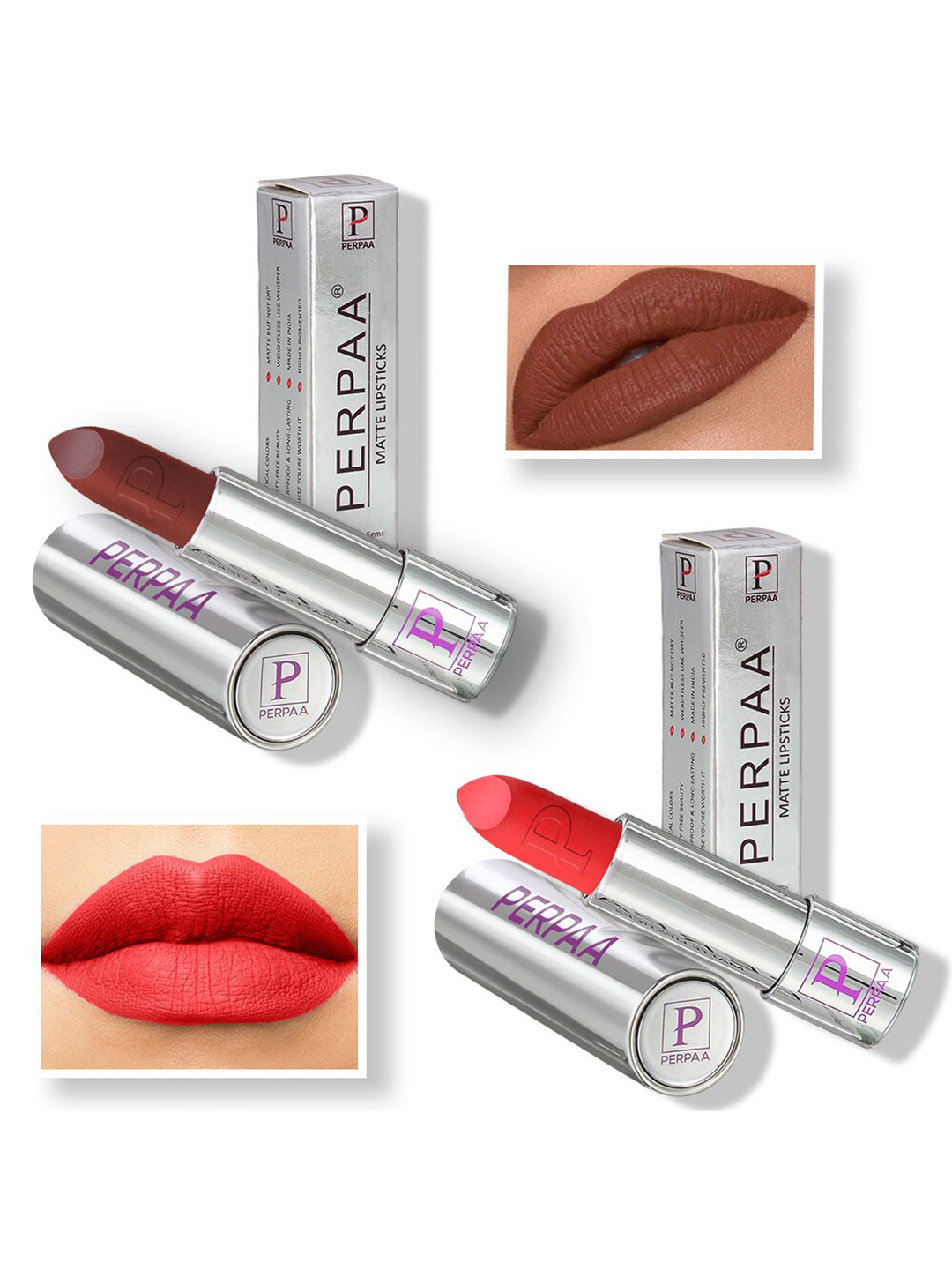 PERPAA Set of 2 Push Button Matte Lipstick 3.5g each - Matte Brown 167 & Matte Orange 193