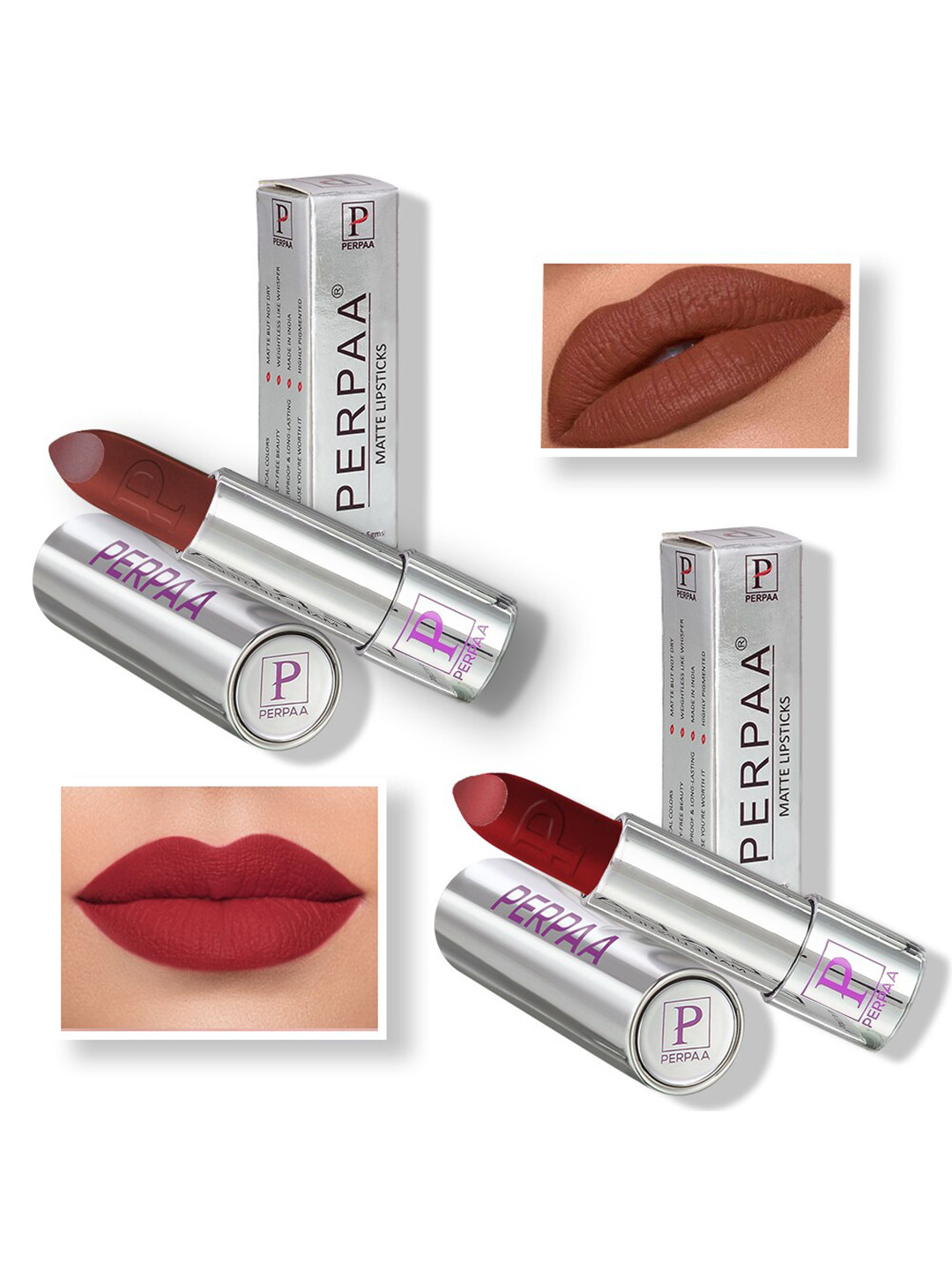 PERPAA Set of 2 Push Button Matte Lipstick 3.5g each - Matte Brown 167 & Bridal Maroon 304