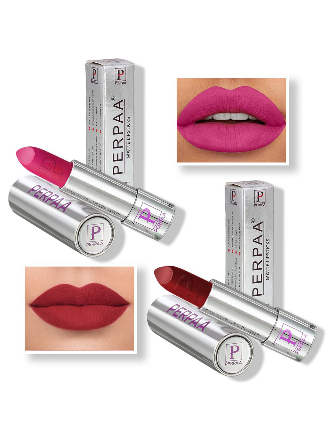 PERPAA Set of 2 Push Button Matte Lipstick 3.5g each - Matte Pink 175 & Bridal Maroon 304