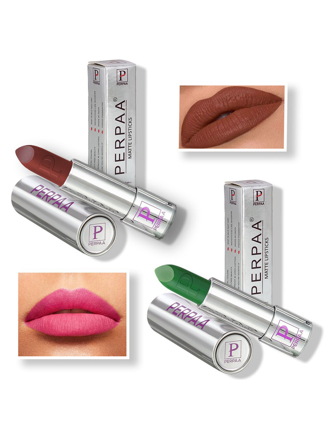 PERPAA Set of 2 Push Button Matte Lipstick 3.5g each - Matte Brown 167 & Natural Pink 305