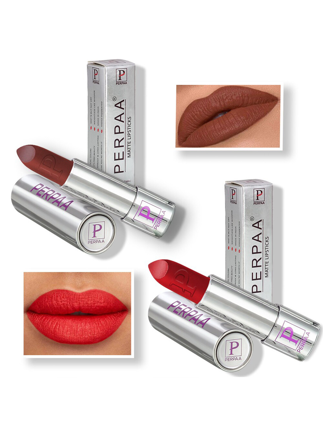 PERPAA Set of 2 Push Button Matte Lipstick 3.5g each - Matte Brown 167 & Matte Red 196