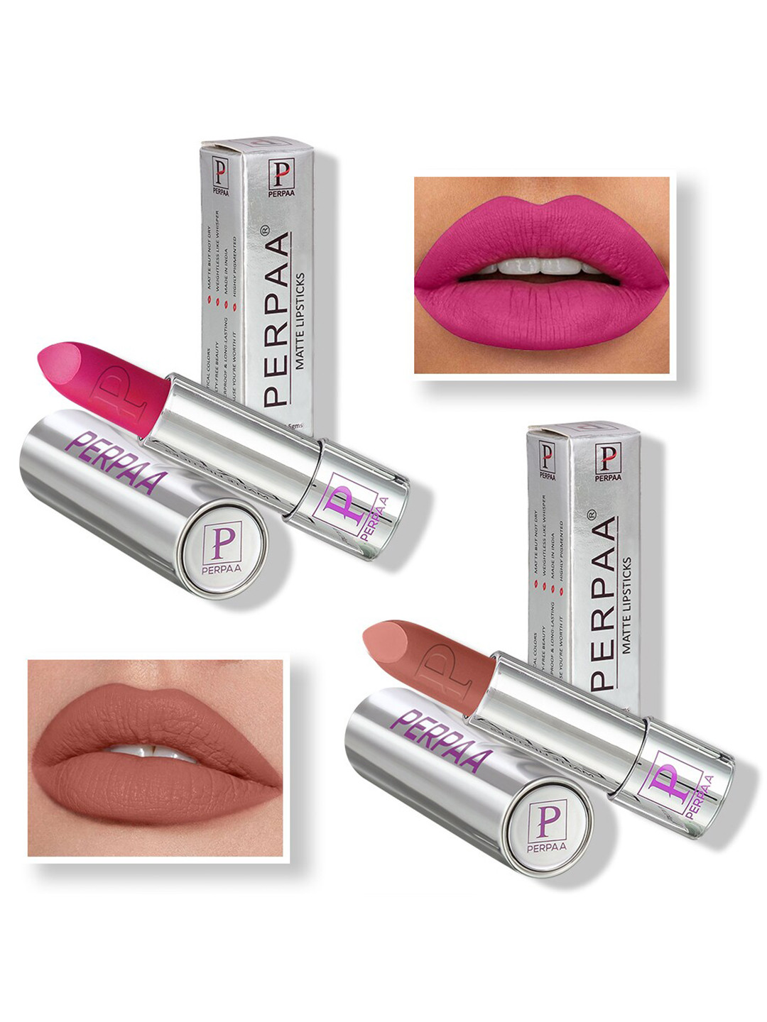PERPAA Set of 2 Push Button Matte Lipstick 3.5g each - Matte Pink 175 & Innocent Nude 306
