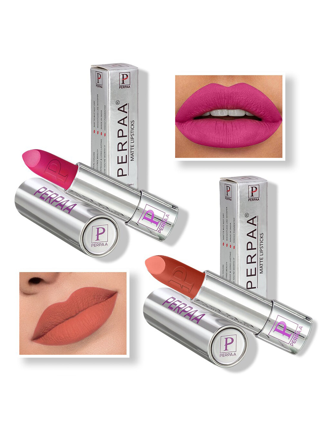 PERPAA Set of 2 Push Button Matte Lipstick 3.5g each - Matte Pink 175 & Rust Brown 301