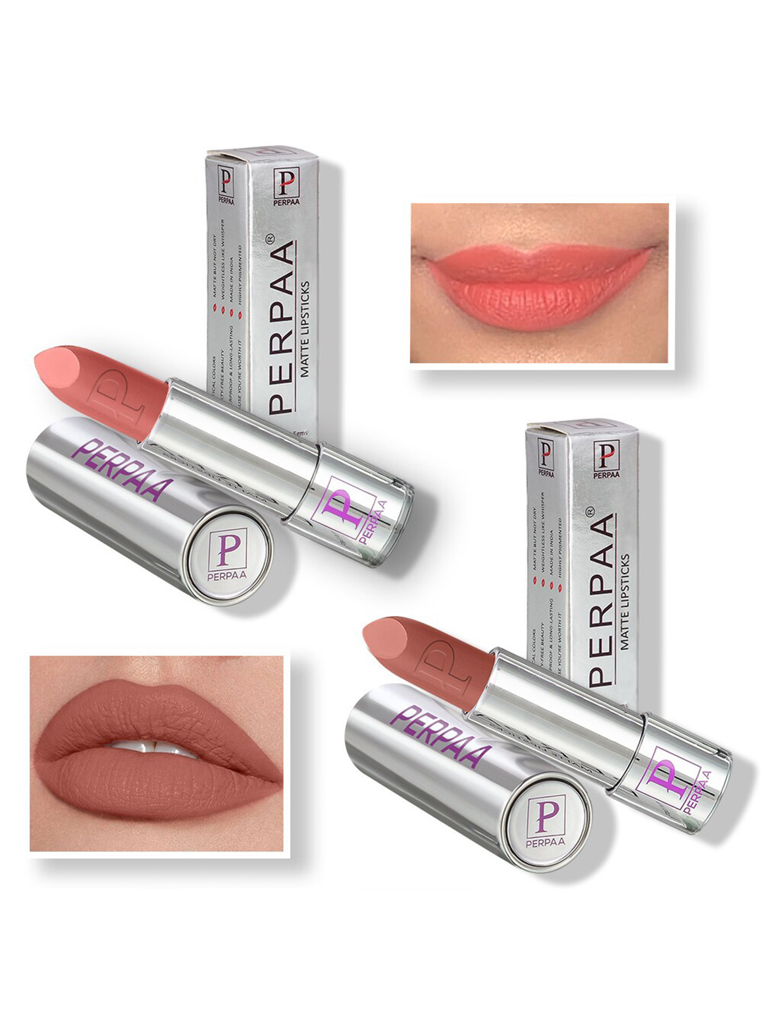 PERPAA Set of 2 Push Button Matte Lipstick 3.5g each - Matte Nude 162 & Innocent Nude 306