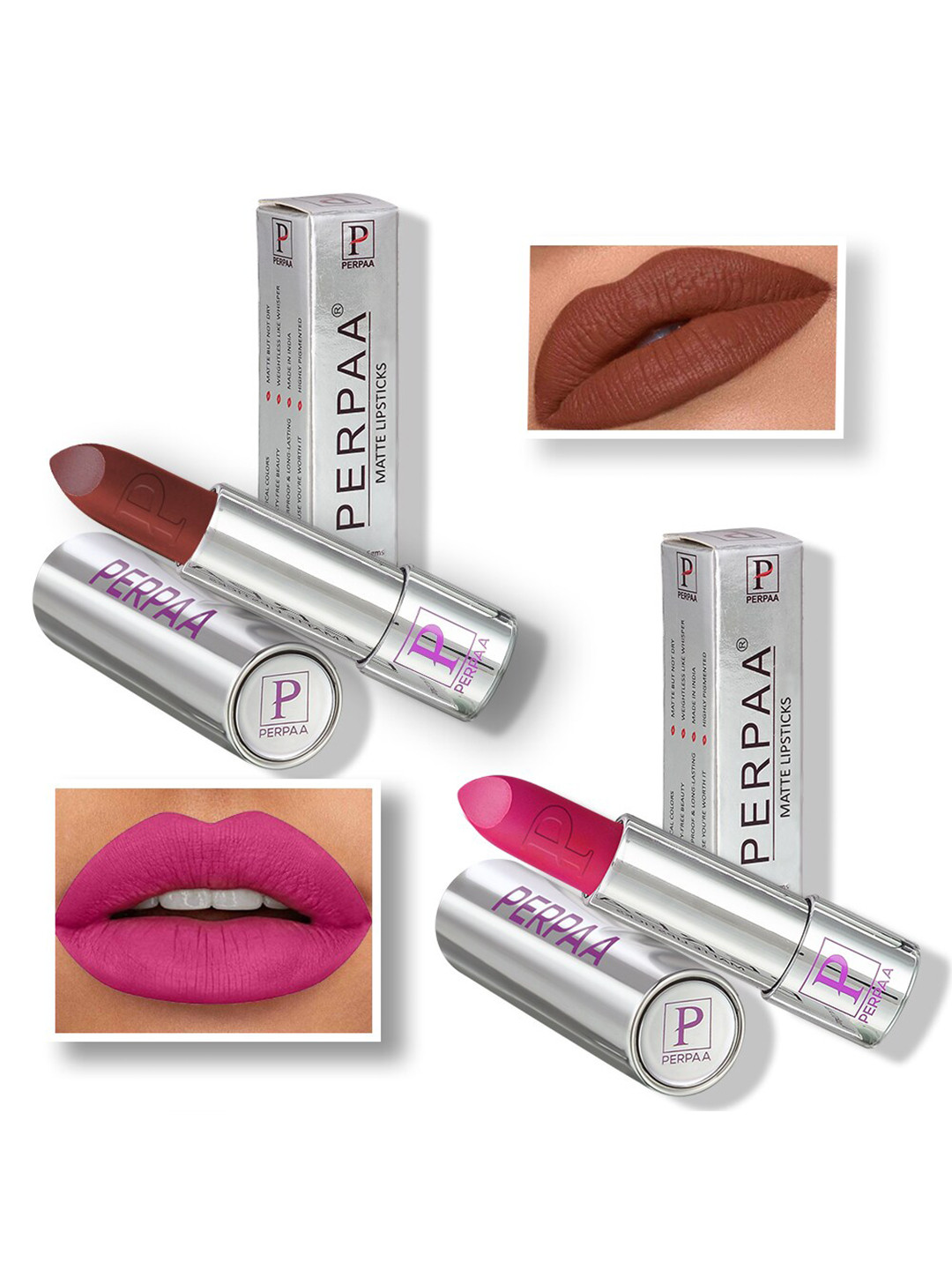 PERPAA Set of 2 Push Button Matte Lipstick 3.5g each - Matte Brown 167 & Matte Pink 175