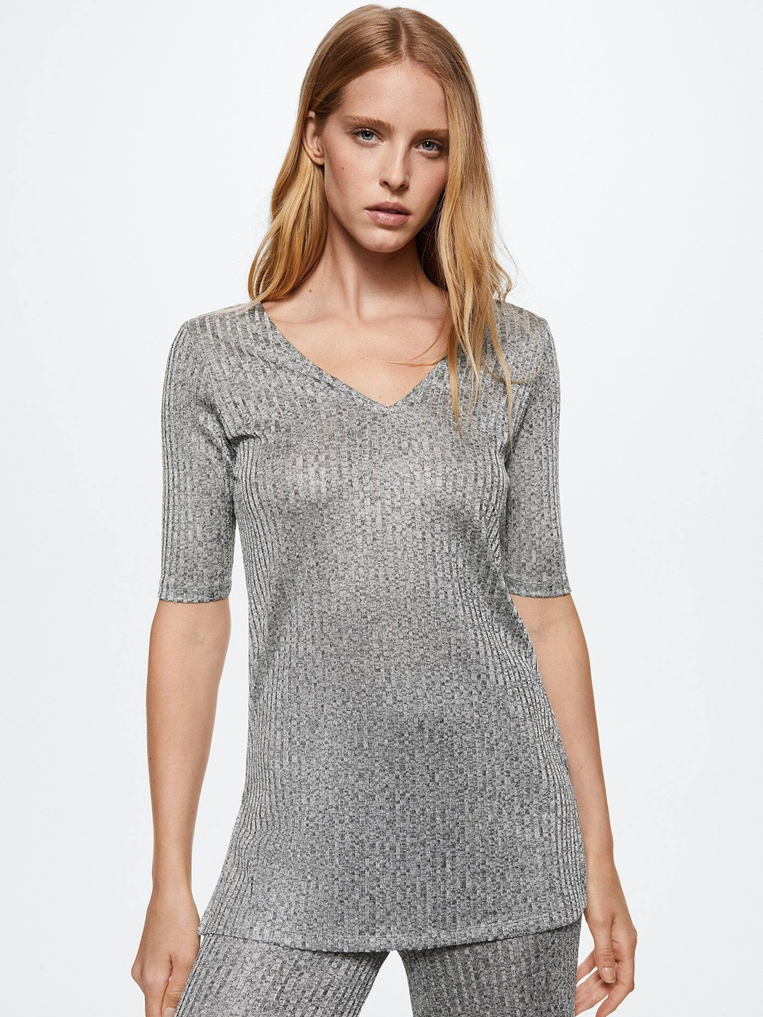 MANGO Ribbed V-Neck Knitted T-shirt