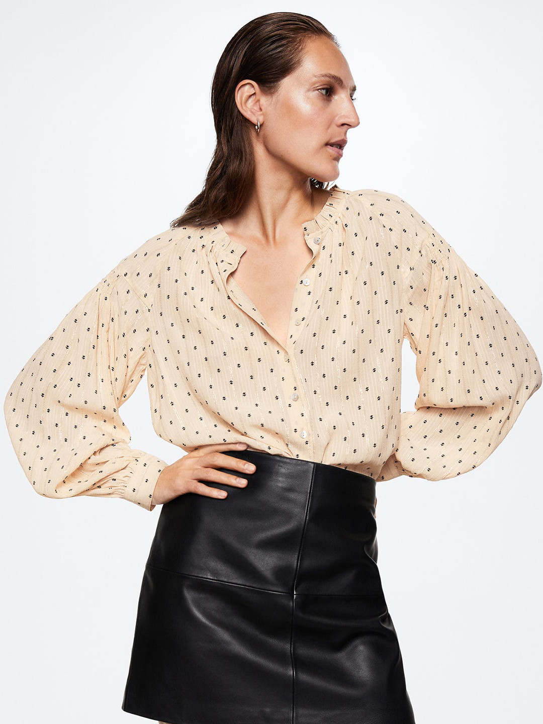 MANGO Women Metallic Yarn Printed Casual Shirt